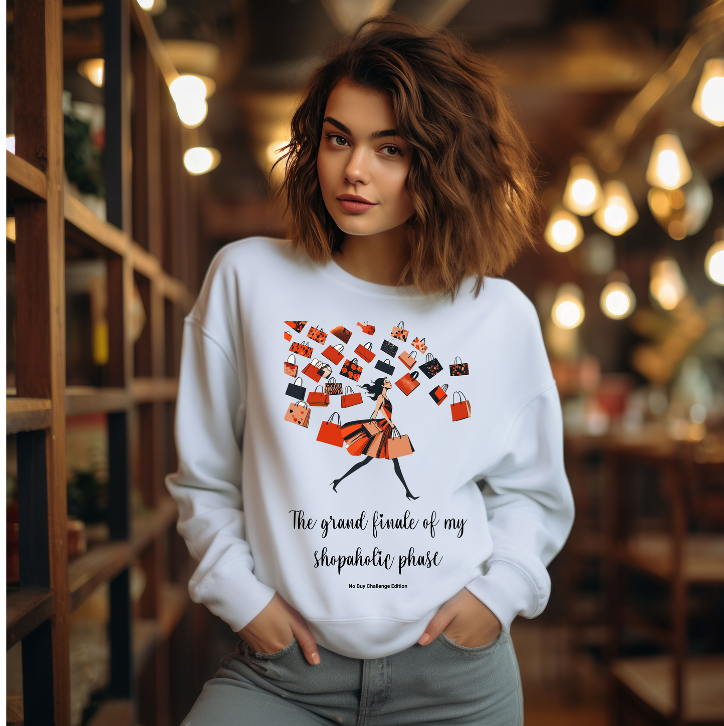 Trendy "No Buy Challenge" Funny Crewneck Sweatshirt, “The Grand Finale of my Shopaholic Phase”