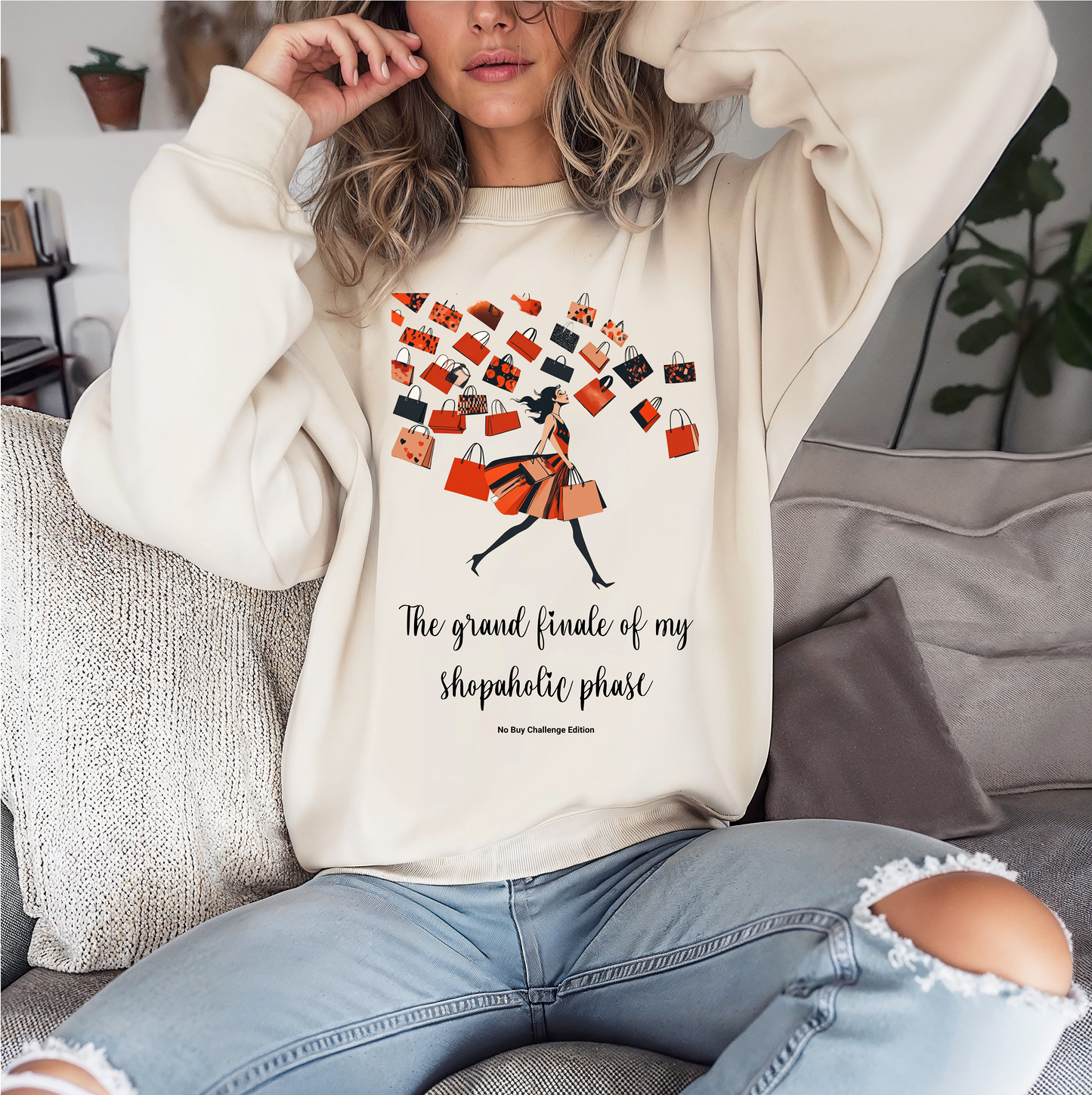 Trendy "No Buy Challenge" Funny Crewneck Sweatshirt, “The Grand Finale of my Shopaholic Phase”