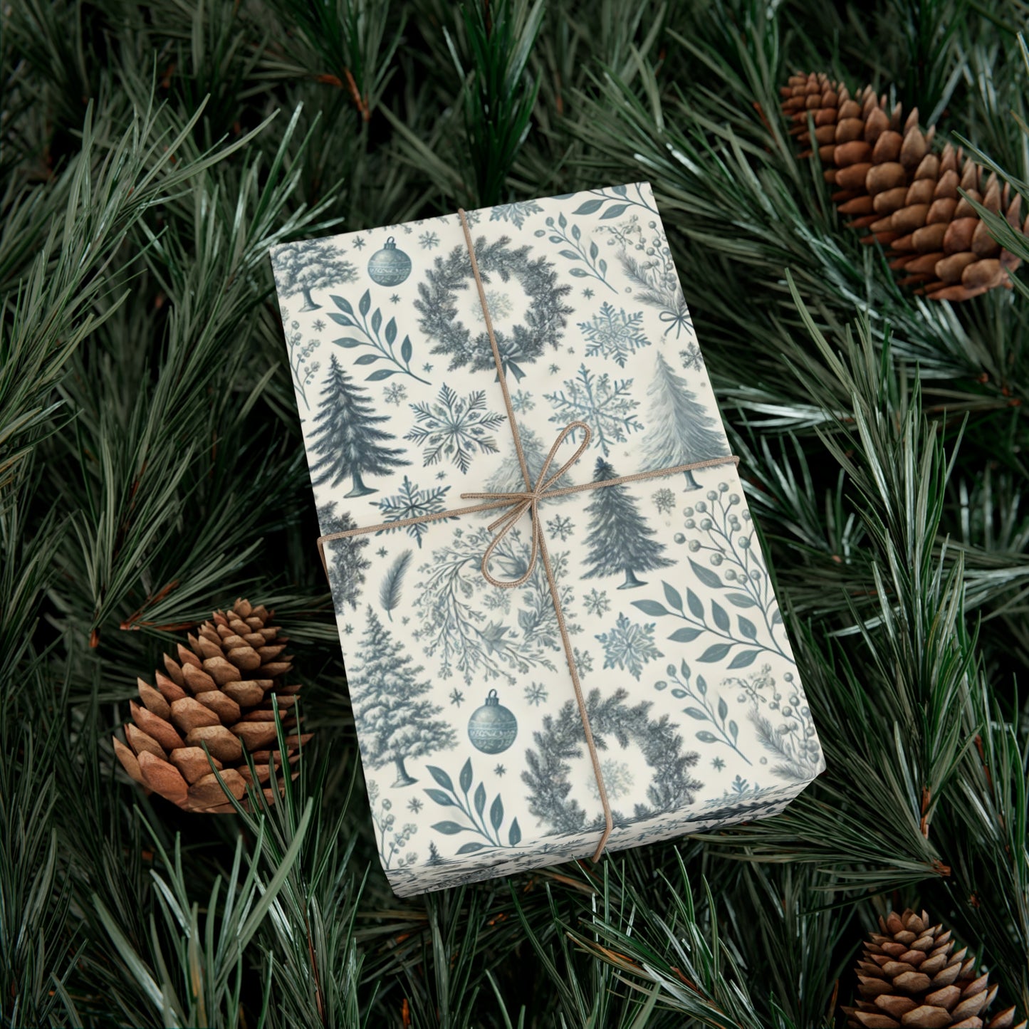 Vintage and Elegant Toile Holidays Theme Retro Blue and White Wrapping Paper in Matte and Satin Finish, 3 sizes