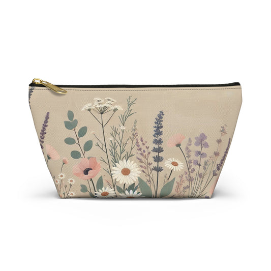 Make-Up and Accessories Pouch - Boho Flowers Makeup Bag, Natural