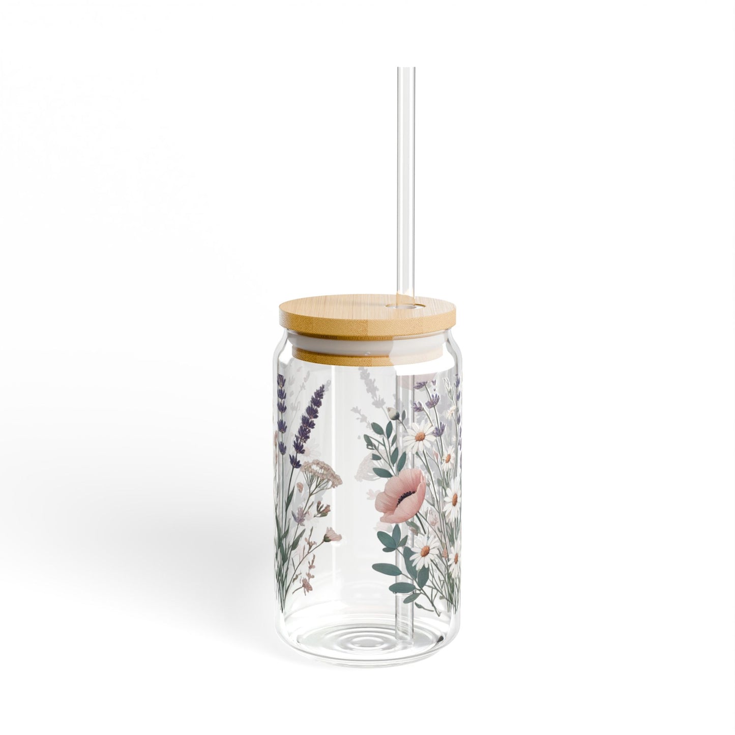 Sipper Glass with or without lid, Boho Flowers Design for Cold Drinks, 16oz