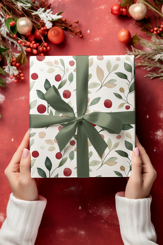 Christmas Gift Wrapping Papers - Trendy Handpainted Style Floral Red and Green